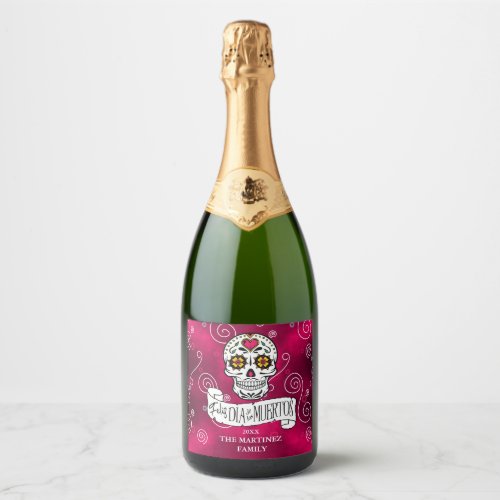 Sugar Skulls and Swirls Rose Red ID725 Sparkling Wine Label