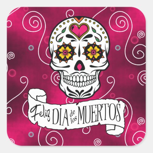 Sugar Skulls and Swirls Rose Red ID725 Square Sticker