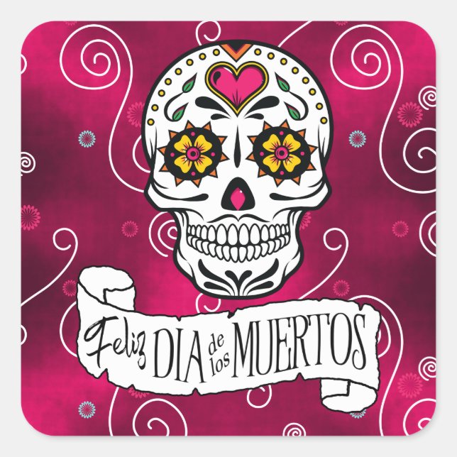 Sugar Skulls and Swirls Rose Red ID725 Square Sticker (Front)