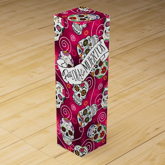 Sugar Skulls and Swirls Rose Red ID725 Wine Box (Front)