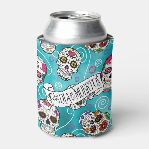 Sugar Skulls and Swirls Rose Turquoise ID725 Can Cooler