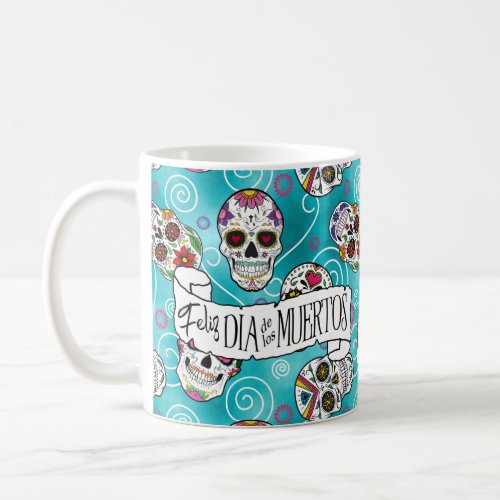 Sugar Skulls and Swirls Rose Turquoise ID725 Coffee Mug