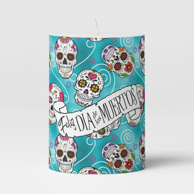 Sugar Skulls and Swirls Rose Turquoise ID725 Pillar Candle (Front)