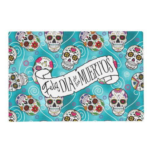 Sugar Skulls and Swirls Rose Turquoise ID725 Placemat