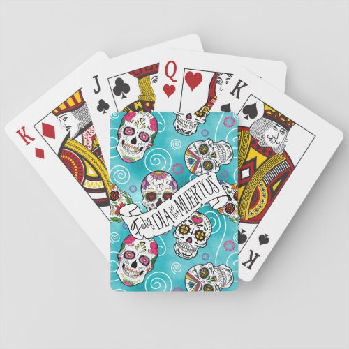 Sugar Skulls and Swirls Rose Turquoise ID725 Playing Cards
