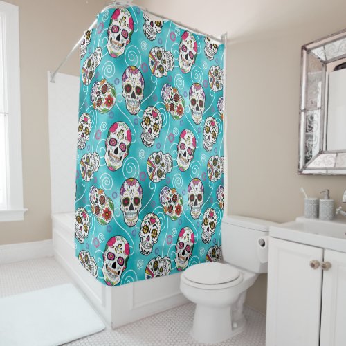 Sugar Skulls and Swirls Rose Turquoise ID725 Shower Curtain