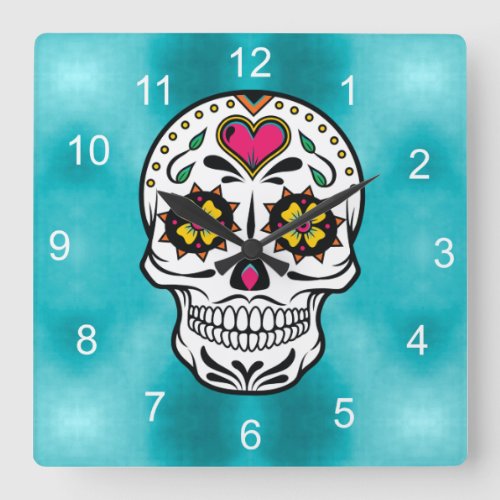 Sugar Skulls and Swirls Rose Turquoise ID725 Square Wall Clock
