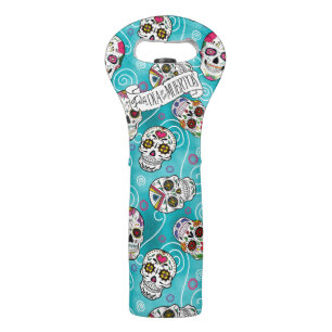 Sugar Skulls and Swirls Rose Turquoise ID725 Wine Bag
