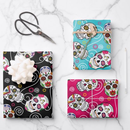 Sugar Skulls and Swirls Three Colors ID725 Wrapping Paper Sheets