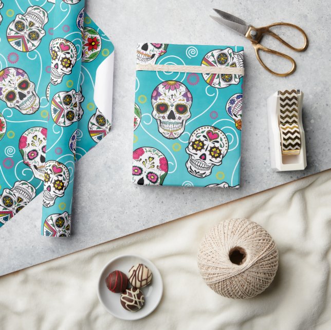 Sugar Skulls and Swirls Turquoise Blue ID725 Wrapping Paper (Crafts)