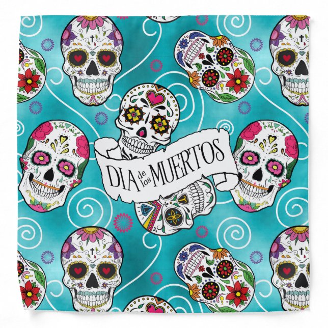 Sugar Skulls and Swirls Turquoise ID725 Bandana (Front)