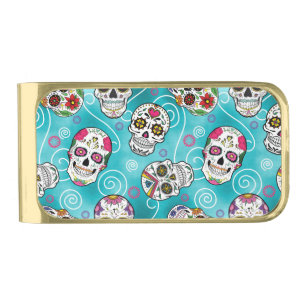 Sugar Skulls and Swirls Turquoise ID725 Gold Finish Money Clip
