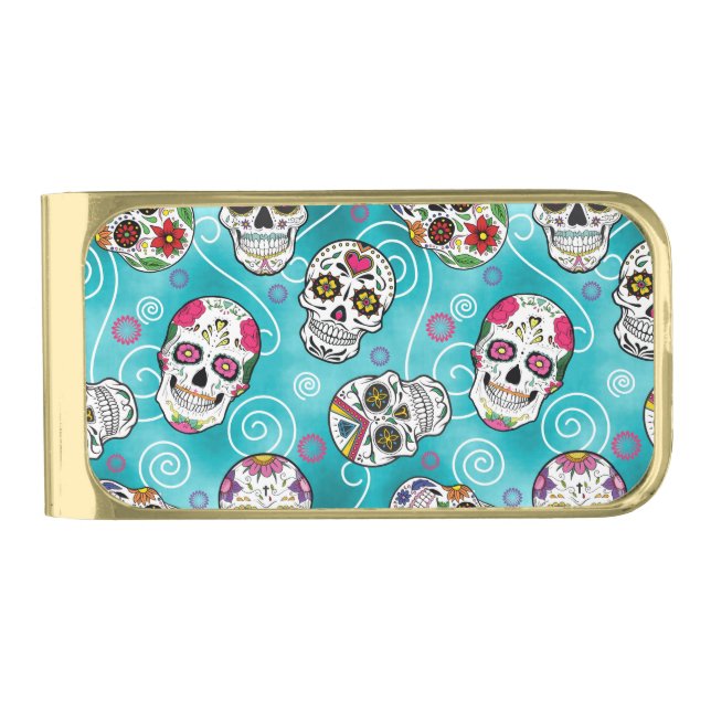 Sugar Skulls and Swirls Turquoise ID725 Gold Finish Money Clip (Front)