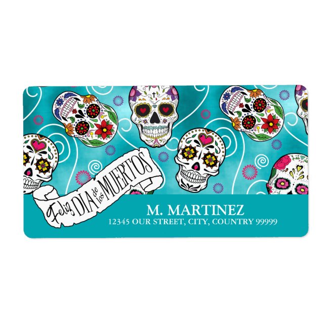 Sugar Skulls and Swirls Turquoise ID725 Label (Front)