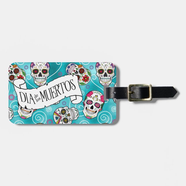 Sugar Skulls and Swirls Turquoise ID725 Luggage Tag (Front Horizontal)