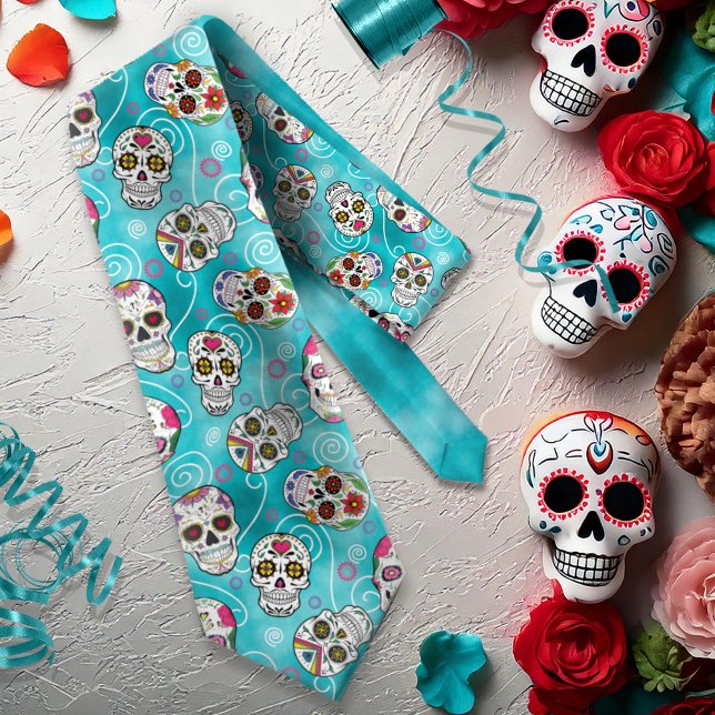Sugar Skulls and Swirls Turquoise ID725 Neck Tie (Creator Uploaded)