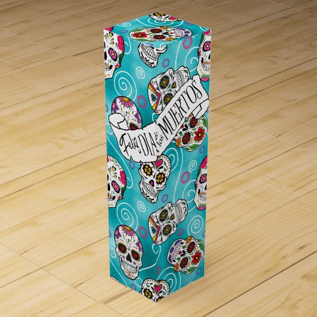 Sugar Skulls and Swirls Turquoise ID725 Wine Box (Front)