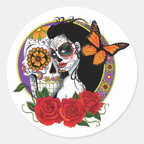 Sugar Skulls Art Nouveau Classic Round Sticker