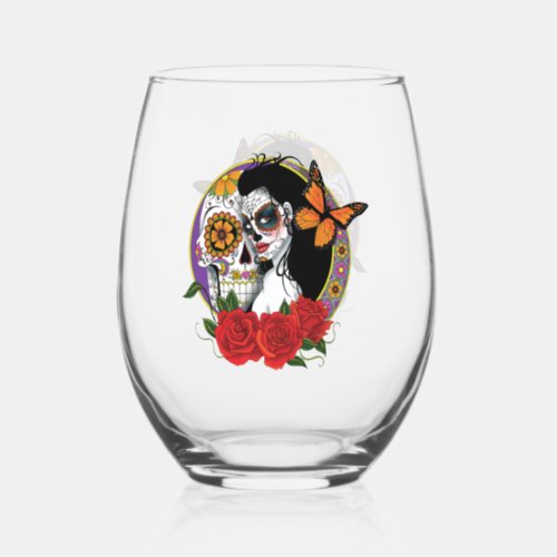 Sugar Skulls Art Nouveau Stemless Wine Glass