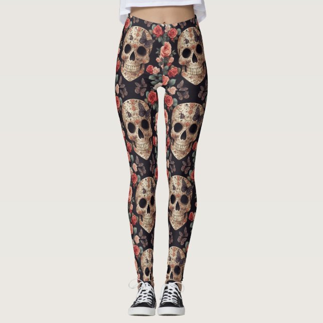 Sugar Skulls, Butterflies, and Flowers Leggings (Front)