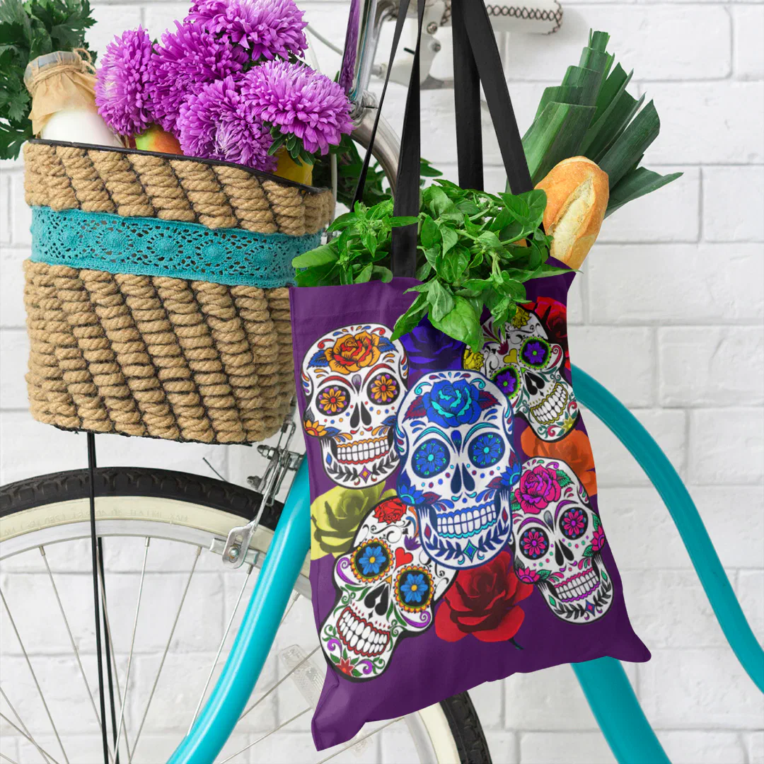 Sugar Skulls Colorful Roses Cinco All Souls Day Tote Bag