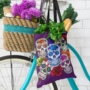 Sugar Skulls Colorful Roses Cinco All Souls Day Tote Bag