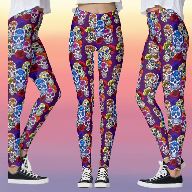 Sugar Skulls Colorful Roses Cinco All Souls Leggings (Sugar Skulls Colorful Roses Cinco All Souls Leggings)