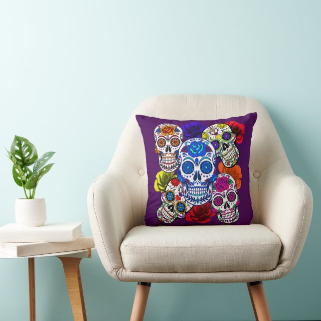 Sugar Skulls Colorful Roses Cinco All Souls Throw Pillow (Chair)