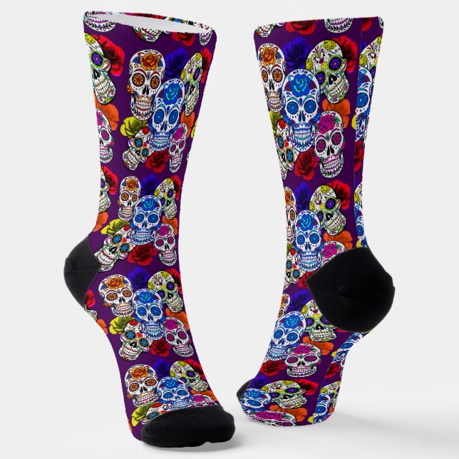 Sugar Skulls Colorful Roses Cinco All Souls Unisex Socks (Angled)
