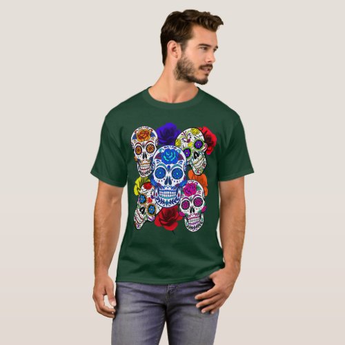 Sugar Skulls Colorful Roses Cinco All Souls Unisex T_Shirt
