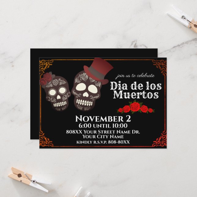 Sugar Skulls Couple Day of the Dead Black Invitation (Front/Back In Situ)