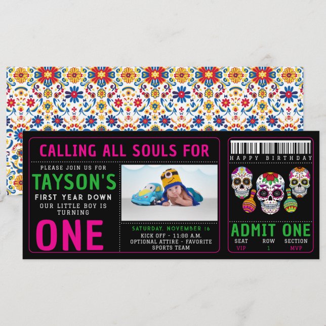 Sugar Skulls Day 1st Birthday Party Colorful Día Invitation (Front/Back)