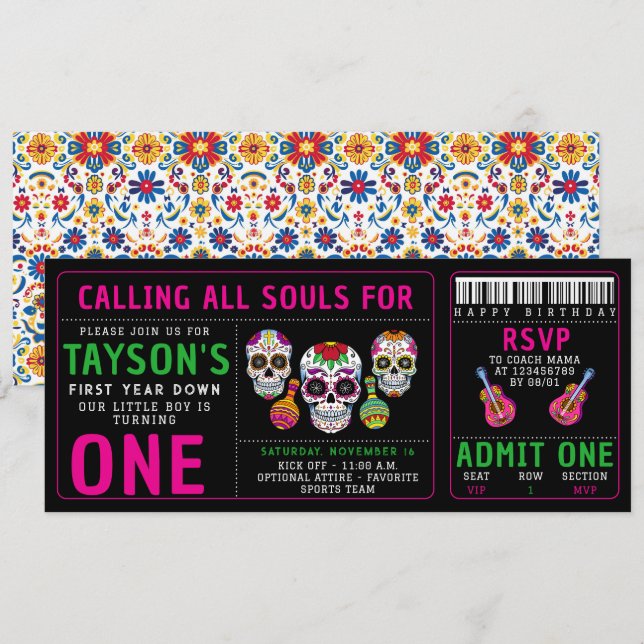 Sugar Skulls Day 1st Birthday Party Colorful Día Invitation (Front/Back)