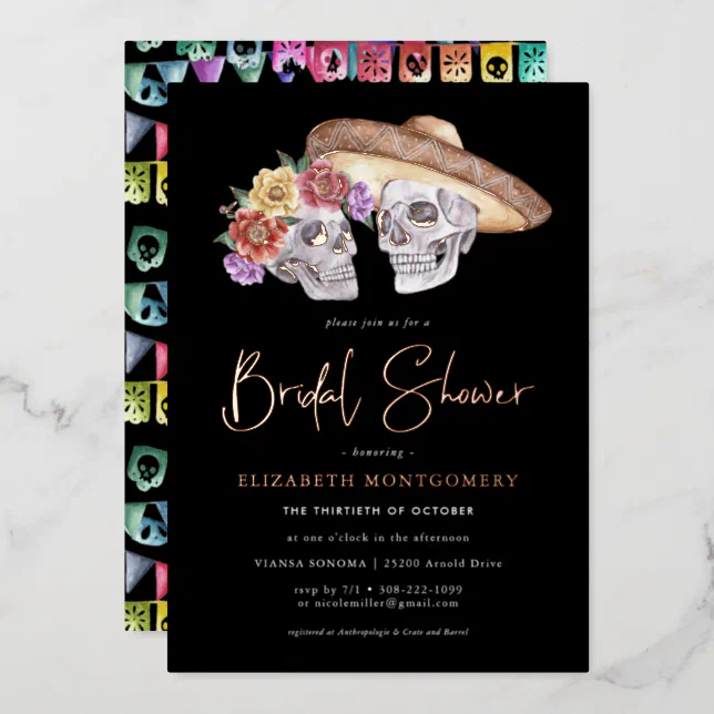 Sugar Skulls Day Of The Dead Bridal Shower Foil Invitation 