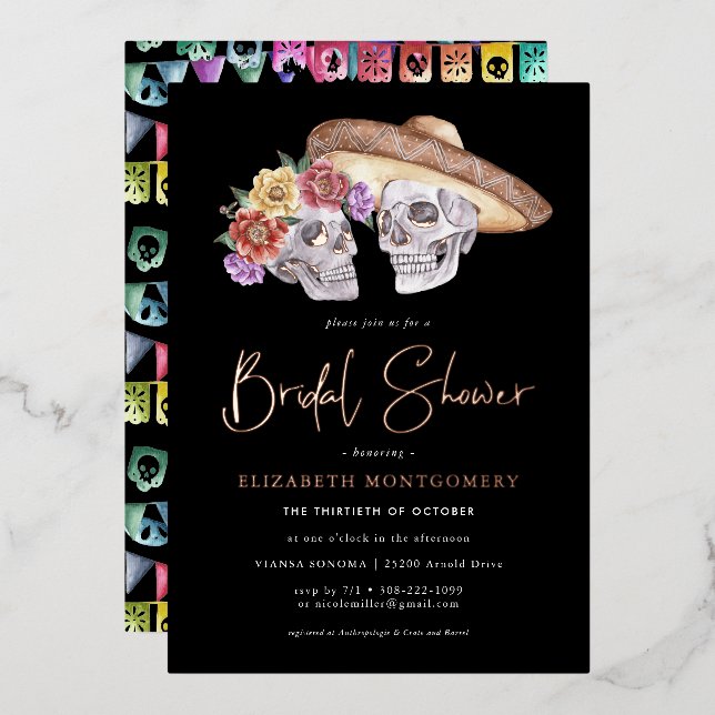 Sugar Skulls Day of the Dead Bridal Shower Foil Invitation (Front/Back)