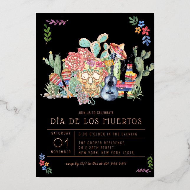 Sugar Skulls Day of the Dead Celebration  Foil Invitation (Front)