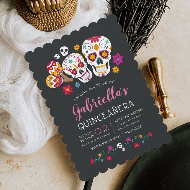 Sugar Skulls Day of the Dead Theme Quinceanera Invitation (Creator Uploaded)