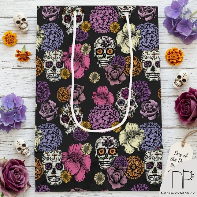 Sugar Skulls & Flowers Medium Gift Bag (Hand drawn sugar skull and floral art gift bag with a chic noir aesthetic)