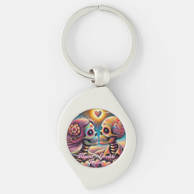Sugar Skulls in Love Chalk Pastel Personalized Keychain (Front)
