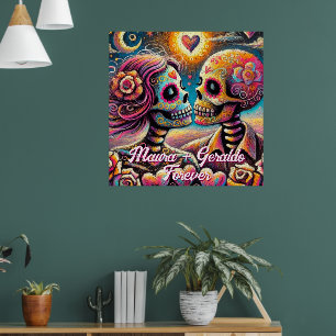 Sugar Skulls in Love Chalk Pastel Personalized Poster