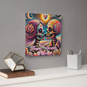 Sugar Skulls in Love Chalk Pastel Personalized Square Wall Clock
