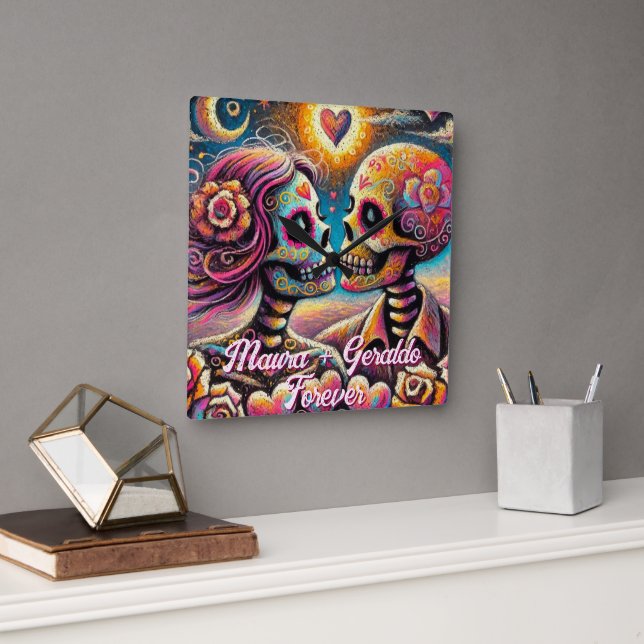 Sugar Skulls in Love Chalk Pastel Personalized Square Wall Clock (Office)