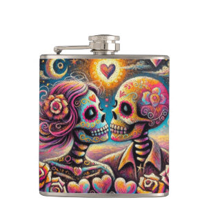 Sugar Skulls in Love Impressionistic Chalk Pastel  Flask