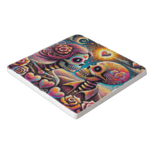 Sugar Skulls in Love Impressionistic Chalk Pastel Trivet