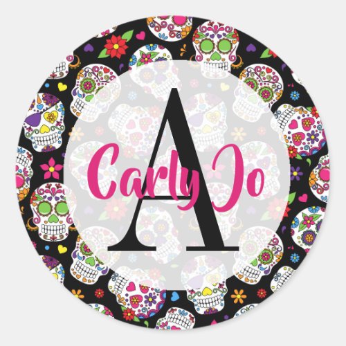 Sugar Skulls Monogrammed and Personalized Classic Round Sticker
