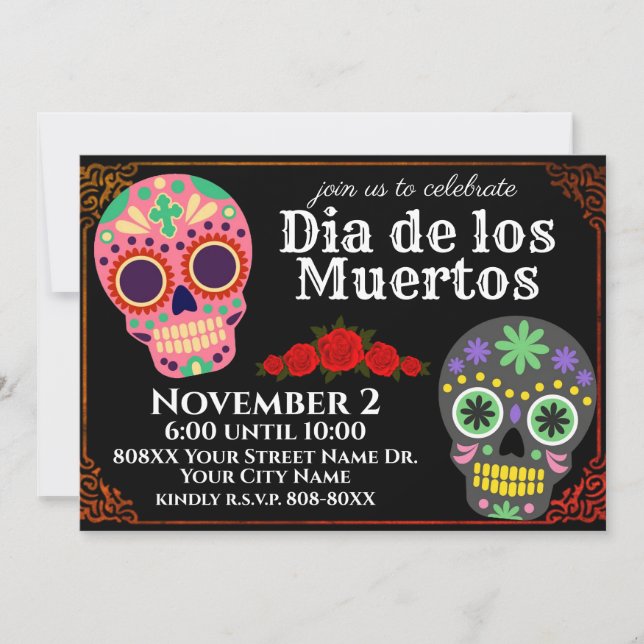 Sugar Skulls on Black Day of the Dead Party Invitation (Front)