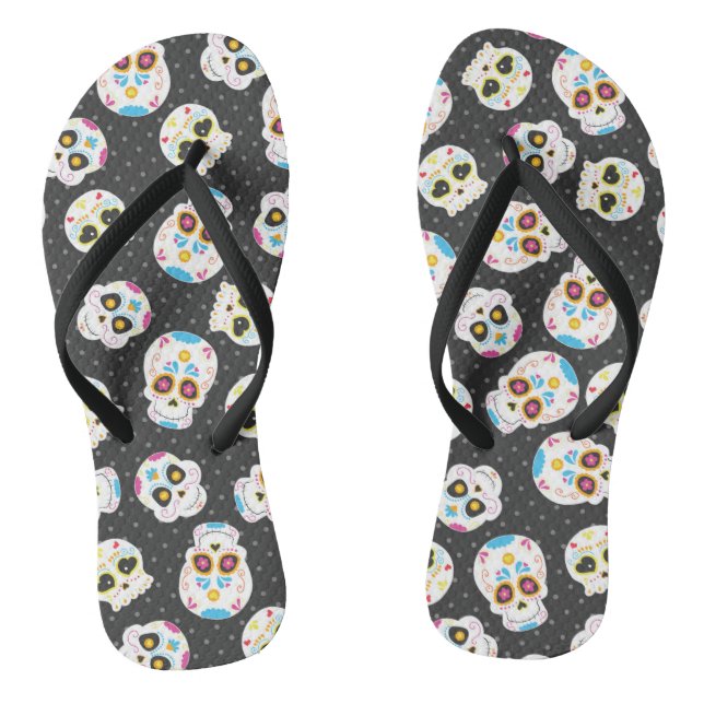 Sugar Skulls on Black with Polka Dots Flip Flops (Footbed)