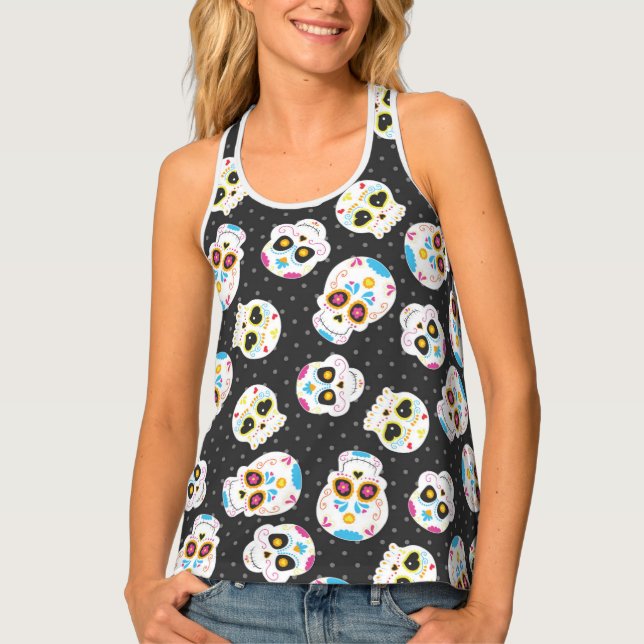 Sugar Skulls on Black with Polka Dots Tank Top (Front)
