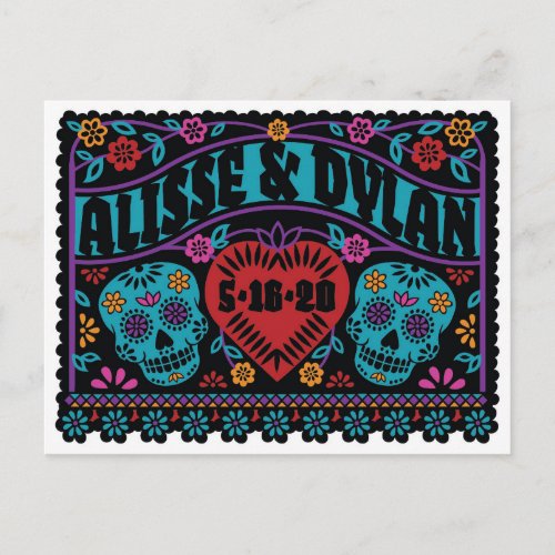 Sugar Skulls Papel Picado Style Save the Date Announcement Postcard