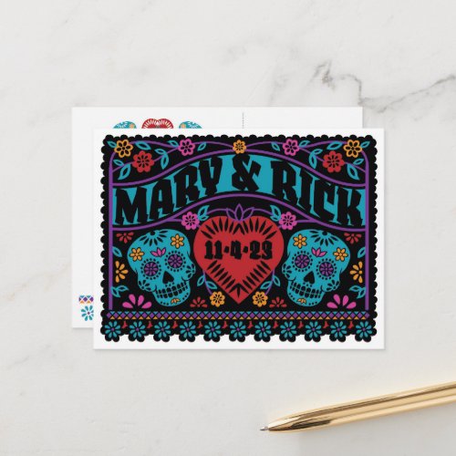 Sugar Skulls Papel Picado Style Save the Date Announcement Postcard
